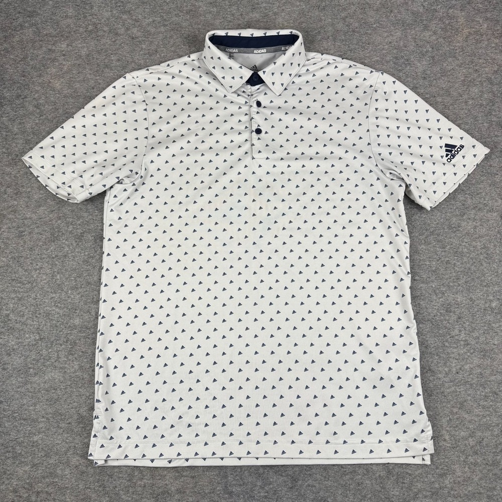 Adidas Polo Shirt Geometric Logos Polyester Stretch White Mens Small S